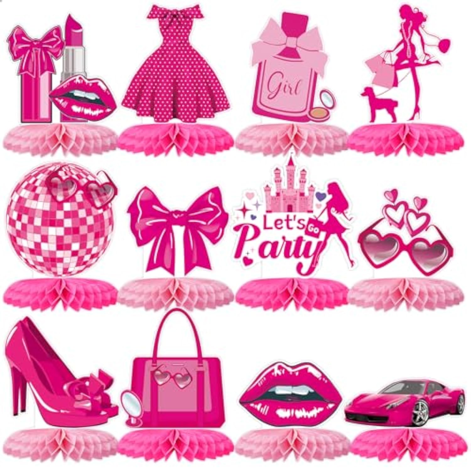 12 Pack Pink Honeycomb Centerpieces, 3D Girl Theme Table Decor for Birthday Party