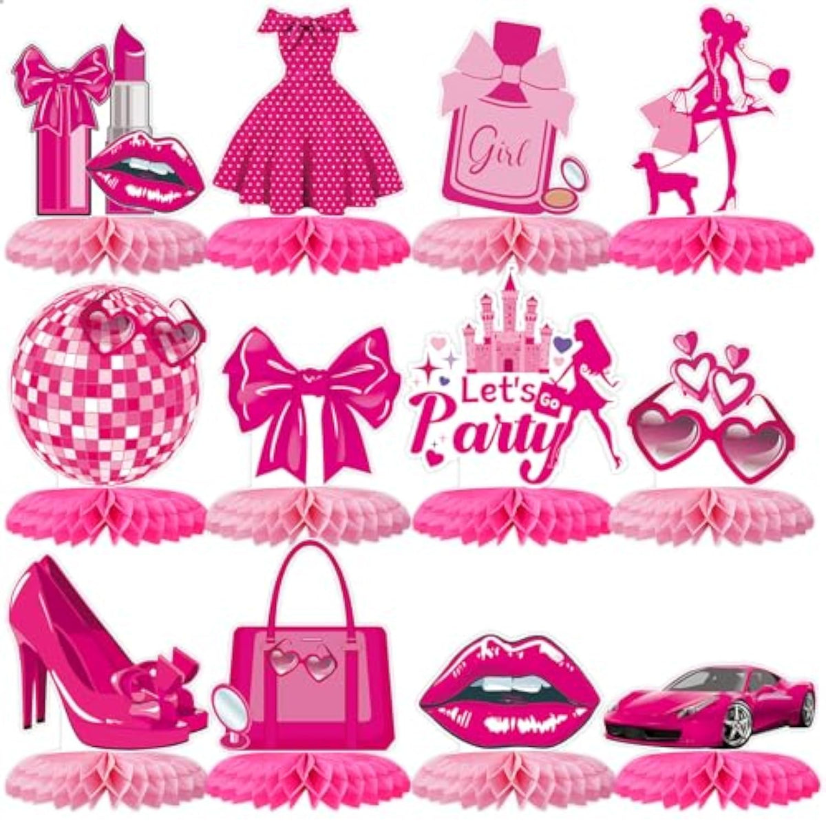 12 Pack Pink Honeycomb Centerpieces, 3D Girl Theme Table Decor for Birthday Party