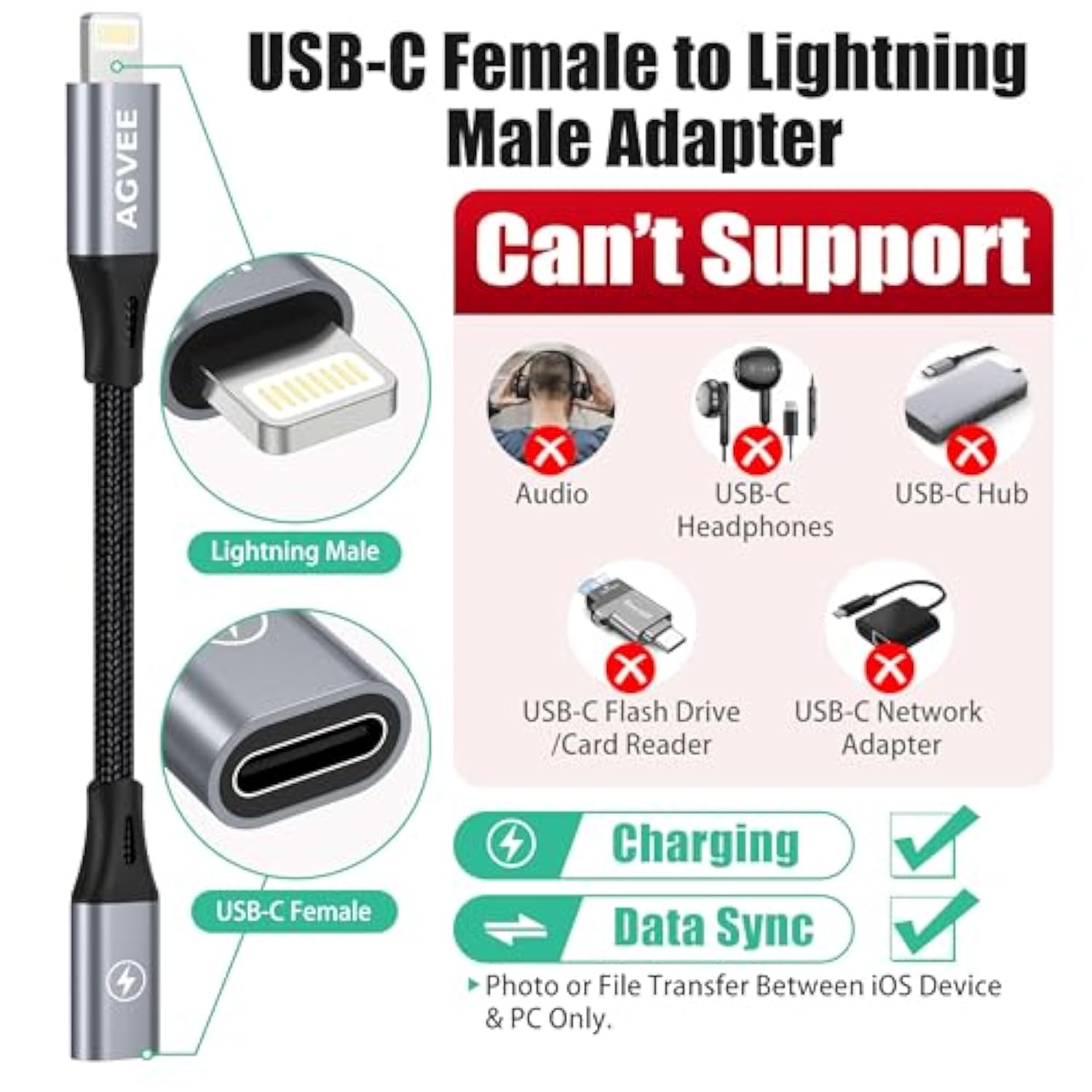 2 Pack 4 Inch Usb-C Female To Lightning Male Adapter, 30W Fast Charging Charger Converter For Iphone 14 13 12 11 Airpods Ios Device Carplay, Not For Audio, Dark Gray