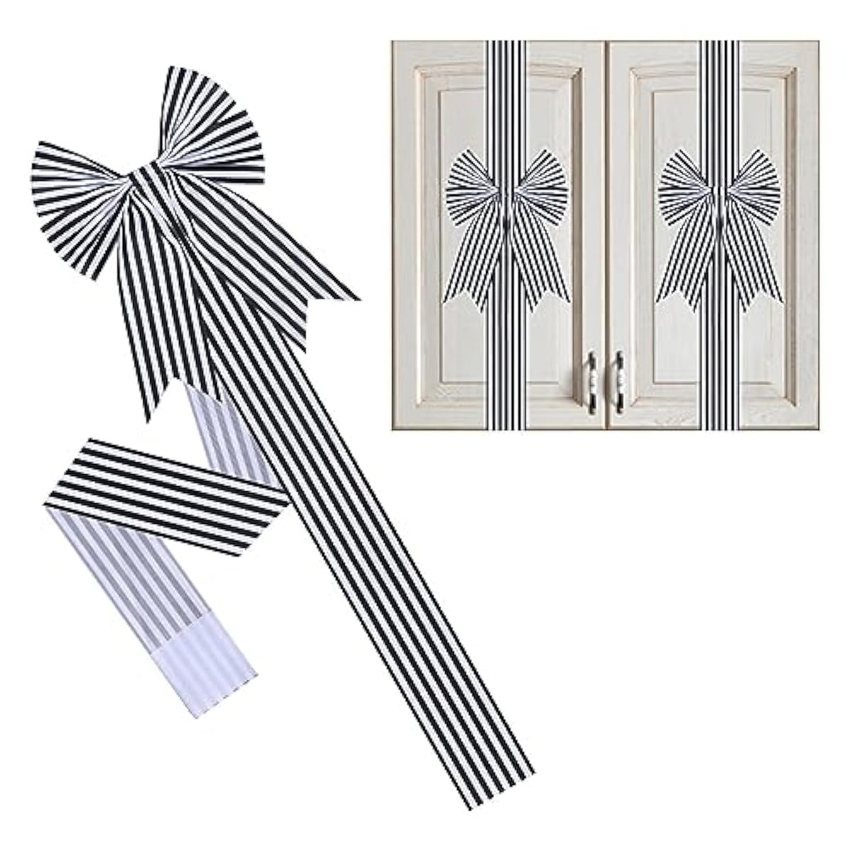 Handmade Rustic Black White Stripe Burlap Bows 4-Pack Farmhouse Christmas Decor For Kitchen Cabinets & Doors,Eco Friendly Linen Holiday Door Hangers,Bulk Wedding Wall Accents