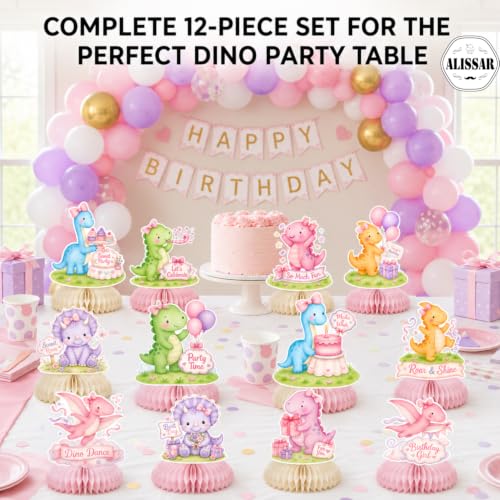 12 Pcs Pink Dinosaur Birthday Honeycomb Centerpieces for Girls