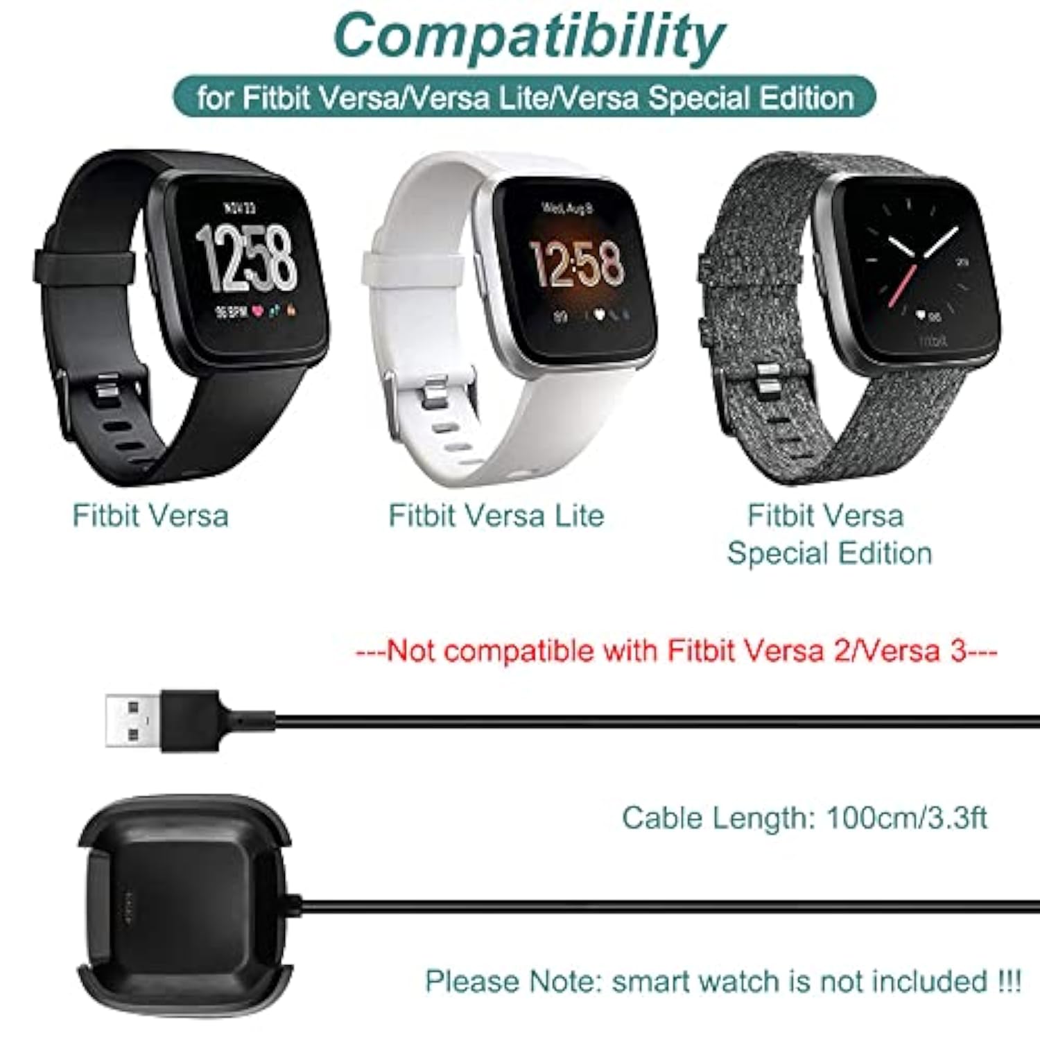 Fitbit Versa Charger Replacement Dock Cable 3.3ft USB Cord