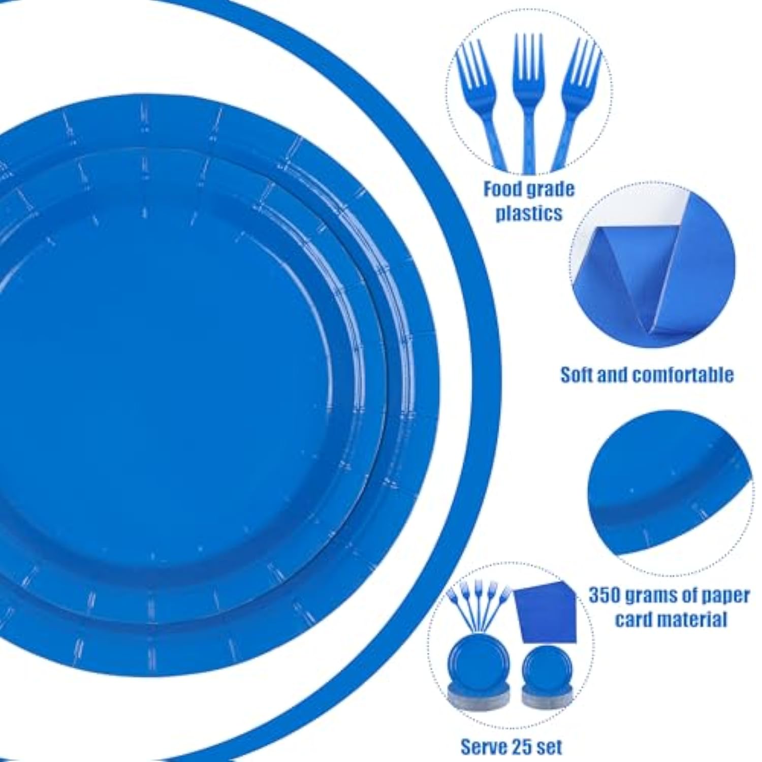100 Count Blue Paper Plates, Napkins, And Forks - Disposable Party Tableware Set For Wedding, Birthday, Bridal Shower, Baby Shower - Serves 25