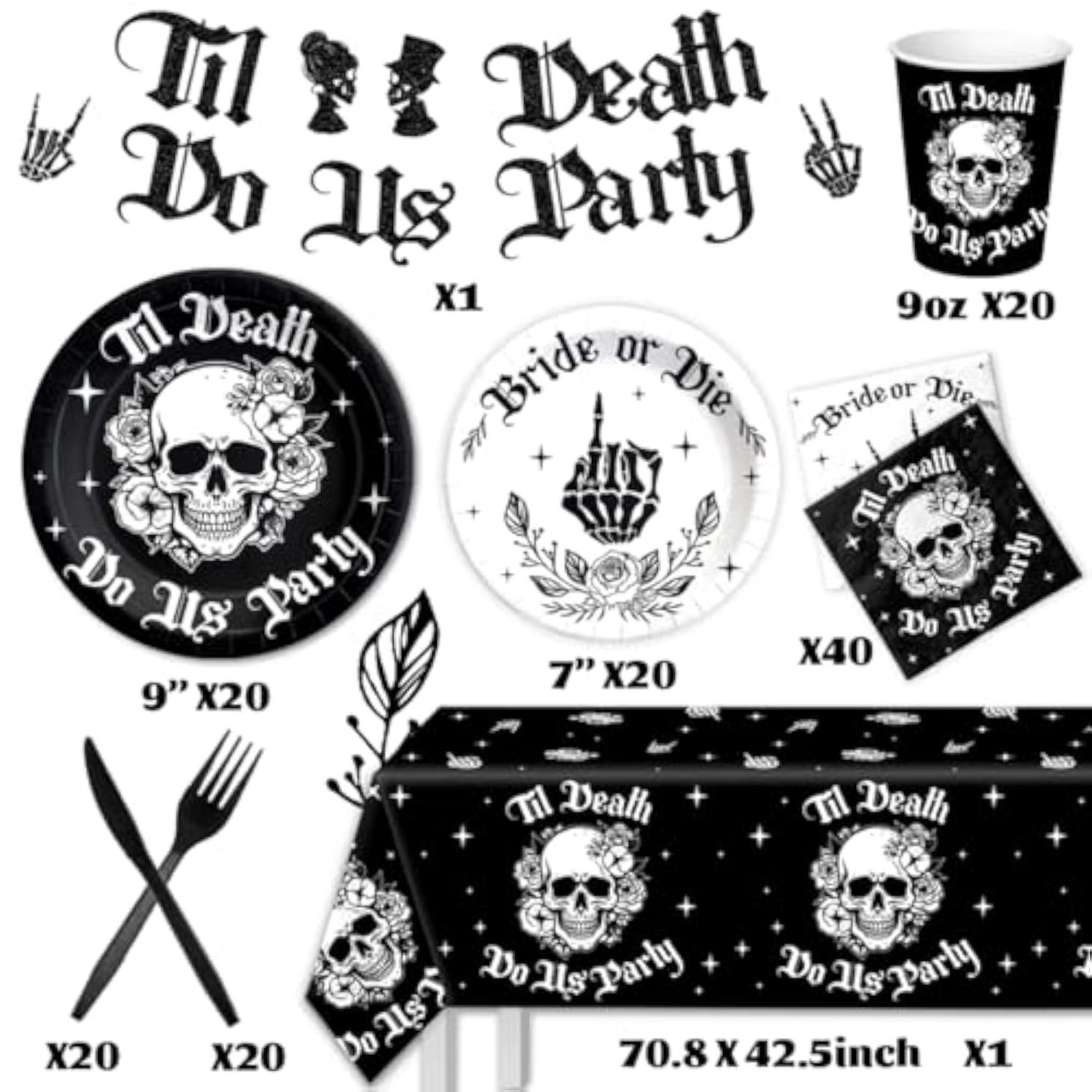 Bride Or Die Bachelorette Party Decorations-142Pcs Til Death Do Us Party Plates And Napkins Kit Skull Gothic Halloween Bachelorette Tableware For Bride Or Die Bridal Shower Engagement