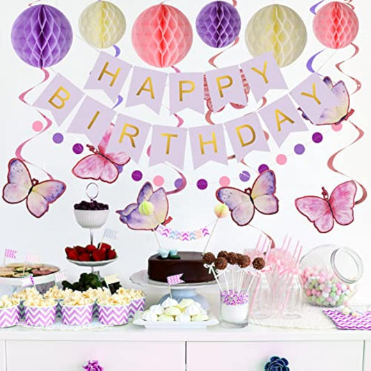 Birthday Decorations, Happy Birthday Banner With Honeycomb Balls, Butterfly Hanging Swirl Streamers, Circle Dots Garland, Happy Birthday Party Decorations For Women Men Boys Girls (Purple)