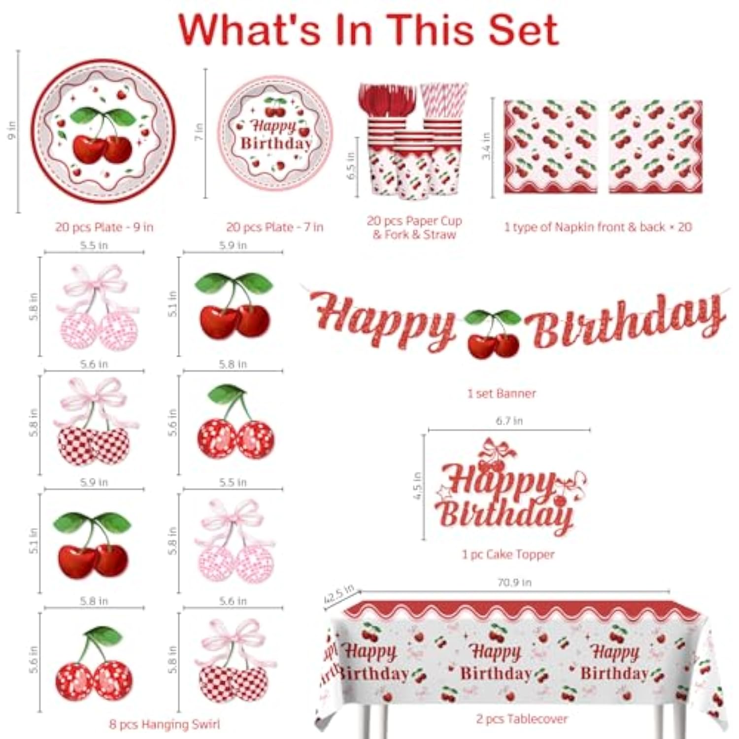 Cherry Birthday Decorations Tableware Set, 20 Serves Disposable Plates And Napkins Set, With Cake Topper, Banner, Tablecloth, For Cherry Party Decorations