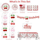 Cherry Birthday Decorations Tableware Set, 20 Serves Disposable Plates And Napkins Set, With Cake Topper, Banner, Tablecloth, For Cherry Party Decorations