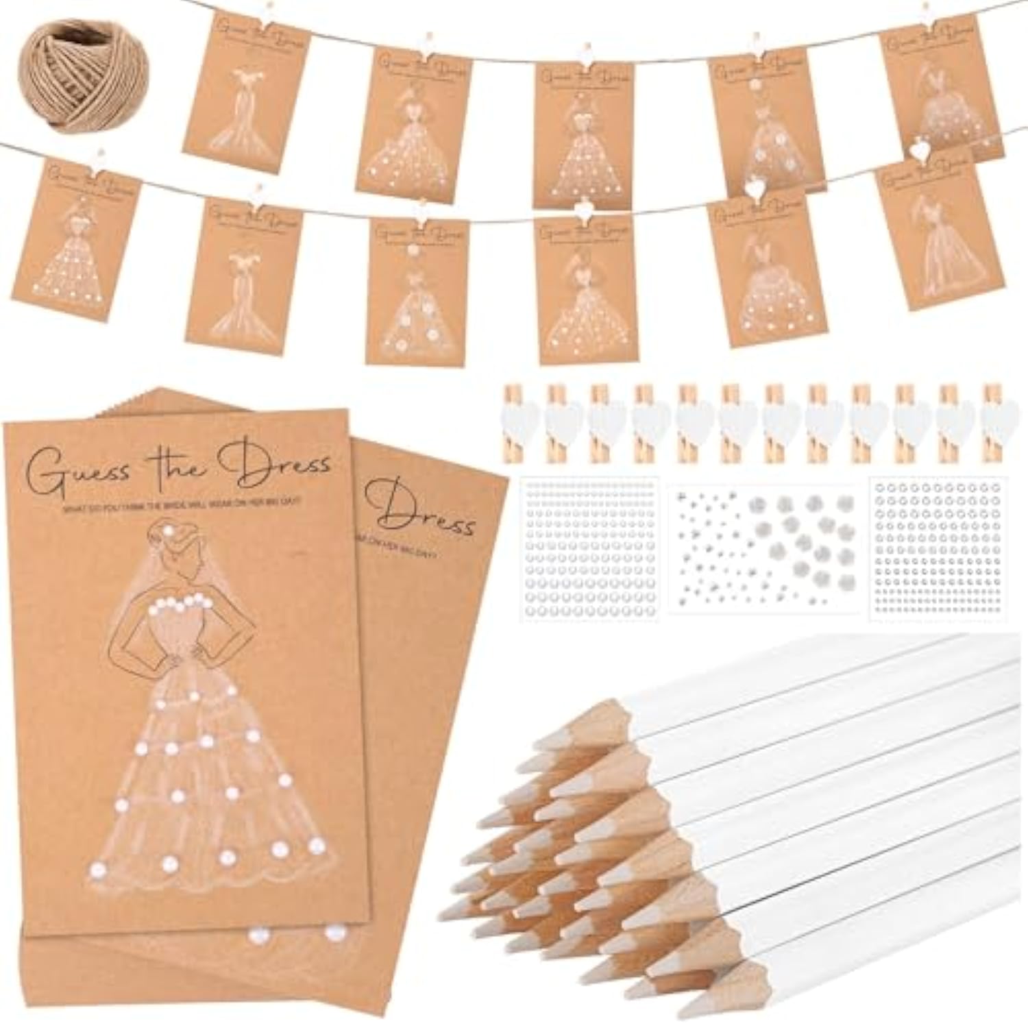 30 Sets Guess The Dress Bridal Shower Games Includes 30 Pcs Wedding Shower Games Cards 30 Heart Clips 30 Water Soluble Pencils 1 String Rope And 5 Stickers Fun Wedding Party Supplies Games Ideas
