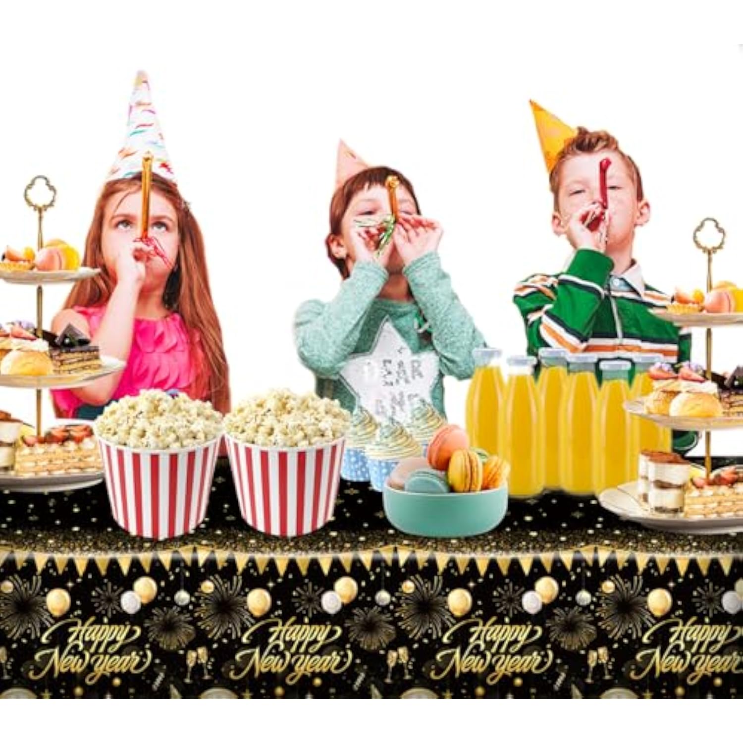 Black Gold Happy New Year Tablecloth 108x54in Disposable Party Decor