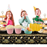 Black Gold Happy New Year Tablecloth 108x54in Disposable Party Decor