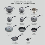 T-fal Ultimate Hard Anodized Nonstick Cookware Set 17 Piece, Oven Broiler Safe 400F, Lid Safe 350F, Kitchen Cooking Set w/Fry Pans, Saucepans, Saute Pan, Griddle, Pots and Pans, Dishwasher Safe Black