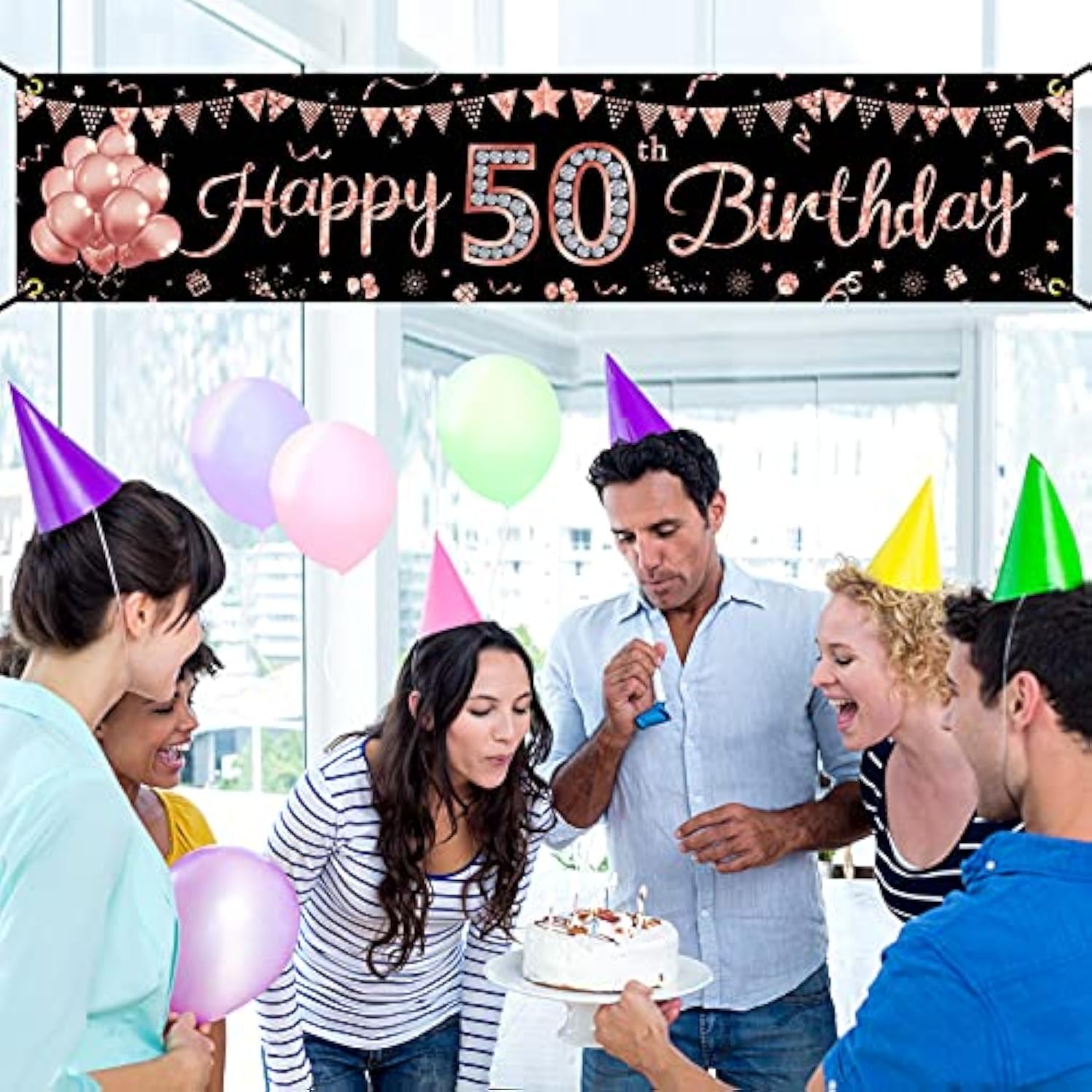 Rose Gold Happy 50th Birthday Banner & Glitter Backdrop for Women