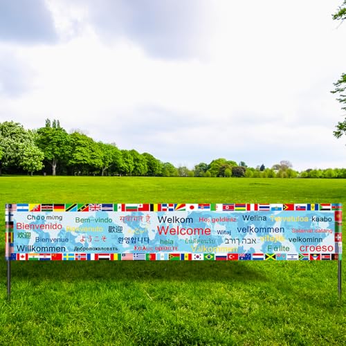 World Flags International Welcome Yard Banner Olympic Party Decorations 64 Countries Flag with 30 Languages Welcome Words Around the World Multicultural Decor Olympic Welcome Banner Yard Sign
