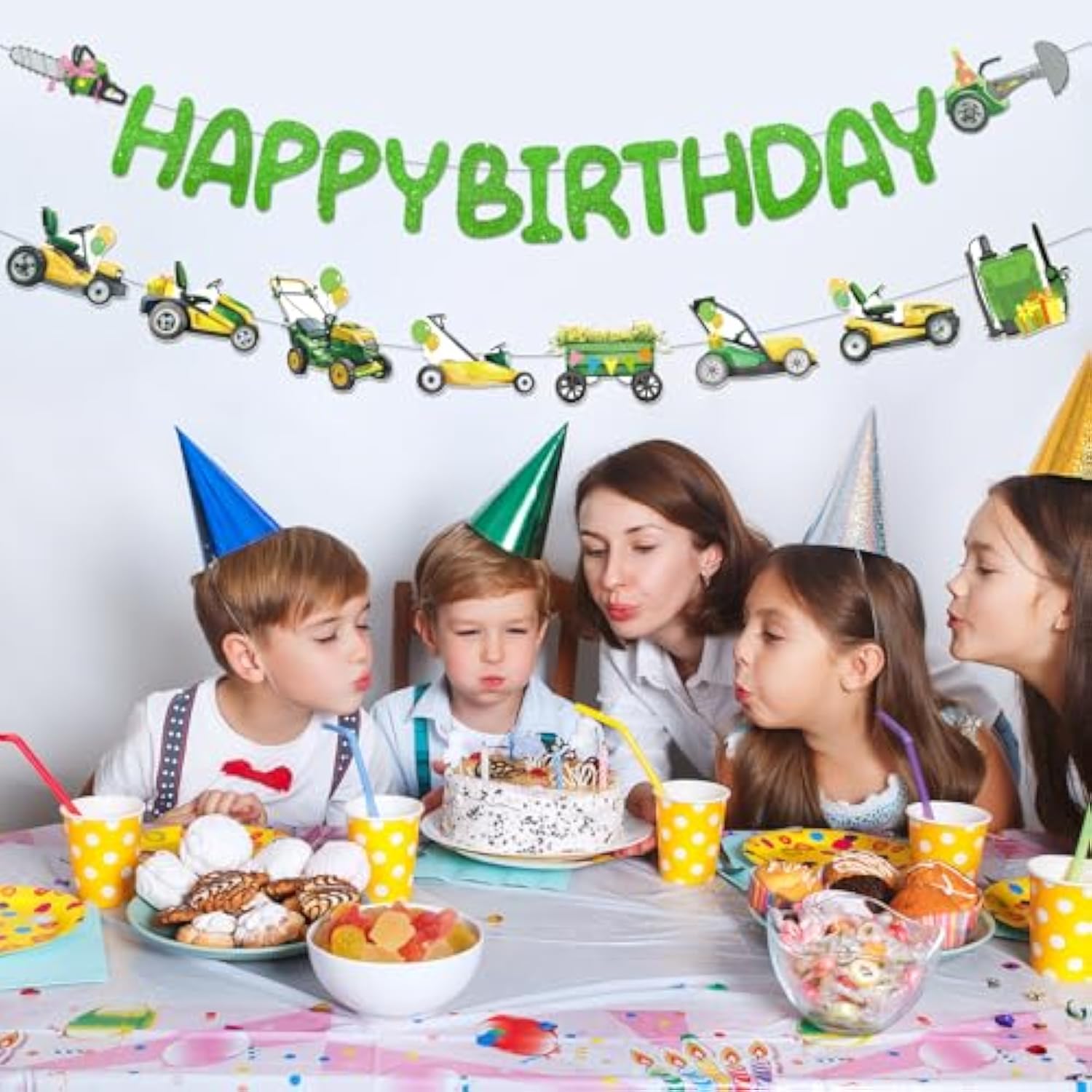 Lawnmower Birthday Party Decorations - 2 Pcs Pre-Strung Lawn Mower Happy Birthday Banner For Boy, Green Tractor Party Supplies For Kids, Glitter Letters Banners Garland Ceiling Wall Decor