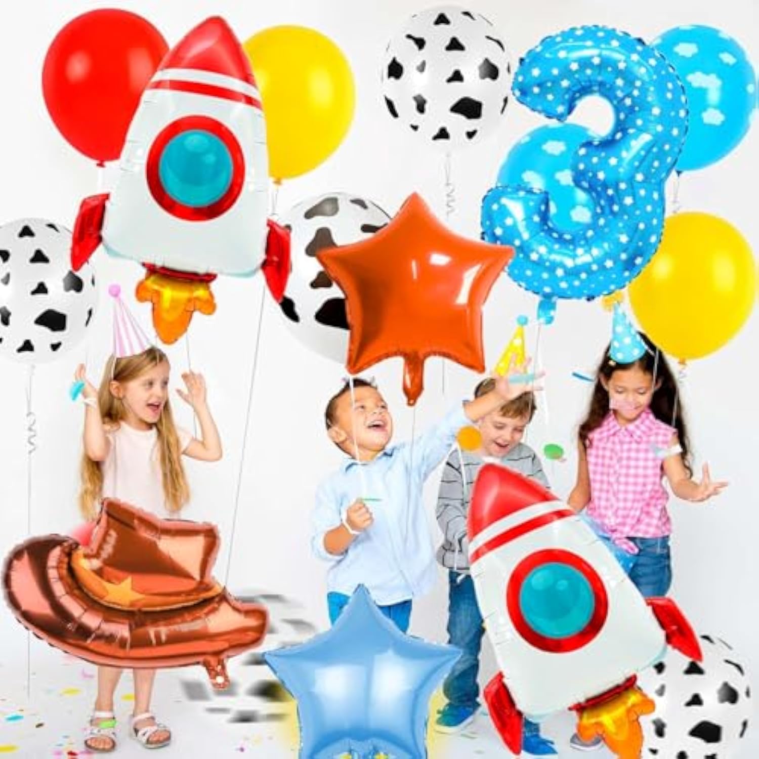 Toy Themed Number 3 Balloon with Rocket & Cowboy Hat Kids Birthday Decor