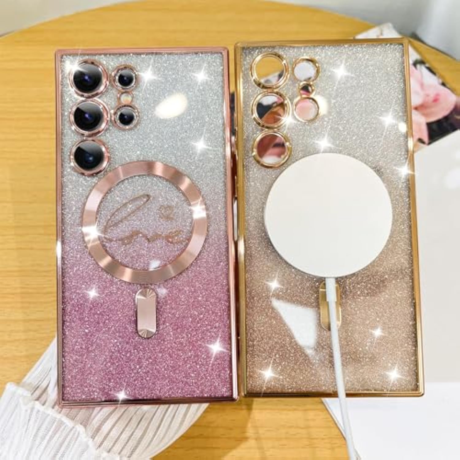 Designed For Samsung Galaxy S24 Ultra Case,Compatible With Love Heart Plating Camera Protection Clear Glitter Magnetic For Women Girls Shockproof Phone Cover Bumper 6.8"-Gold