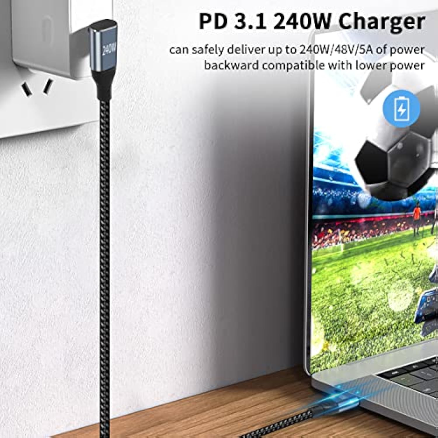 240W Usb C Cable 90 Degree, 10Ft Type C To Type C Cable, 90 Degree Usb C Cable