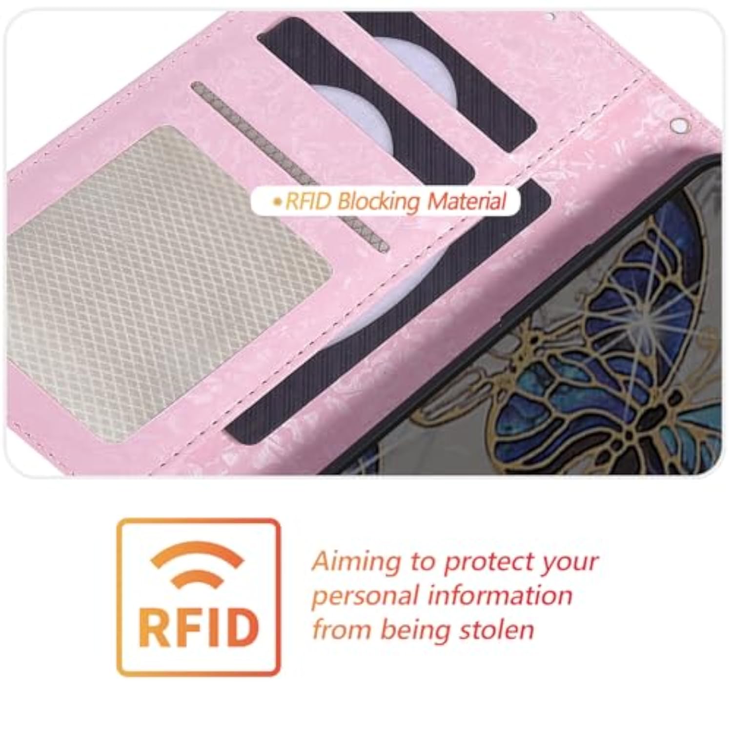 Leather Phone Cover for iPhone 17 Pro Max, Flip Case with Kickstand, RFID Blocking, Card Slots, Wrist Strap, Engraved Pattern, Magnetic Closure, Blue Butterfly Design