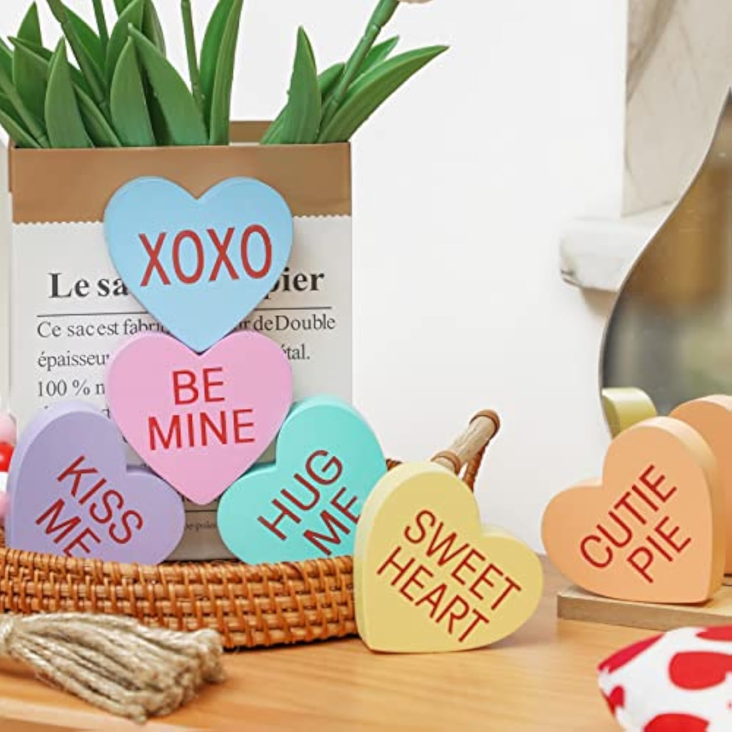 Valentine'S Day Decorations Heart Wooden Sign Heart Farmhouse Candy Hearts Shape Valentines Tiered Tray Decor Tabletop Table Blocks For Wedding Party Décor