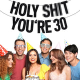 Black Glitter Holy Sh*T You'Re 30 Banner, Happy 30Th Birthday Party Décor For Men Women, Funny Death To My 20'S 30Th Birthday Party Decorations For Women Men