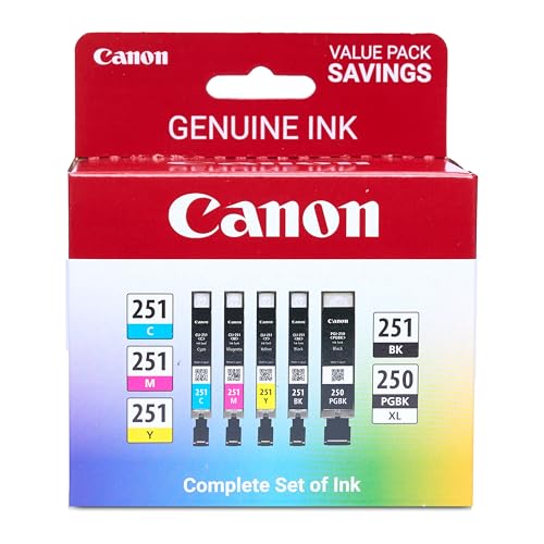 Pgi-250Xl/Cli-251 Genuine Five Color Value Pack, Compatible With Mg6320, Ip7220, Mg5420, Mx922, Mx722, Mg7120, Mg6420, Mg5520, Ix6820, Ip8720, Mg7520, Mg6620, And Mg5620 (Optional) Printers