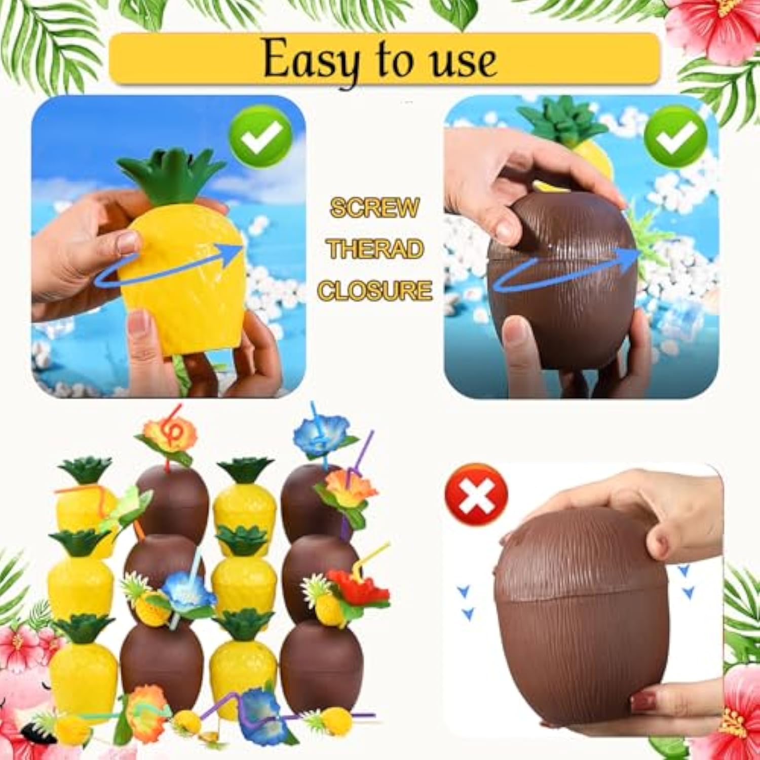 18 Coconut Pineapple Cups With 18 Straws, 18 Cocktail Drink Picks, Hawaiian Luau Tiki And Beach Theme Party Decorations For Kids And Adults, Flower