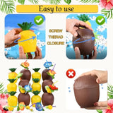 18 Coconut Pineapple Cups With 18 Straws, 18 Cocktail Drink Picks, Hawaiian Luau Tiki And Beach Theme Party Decorations For Kids And Adults, Flower
