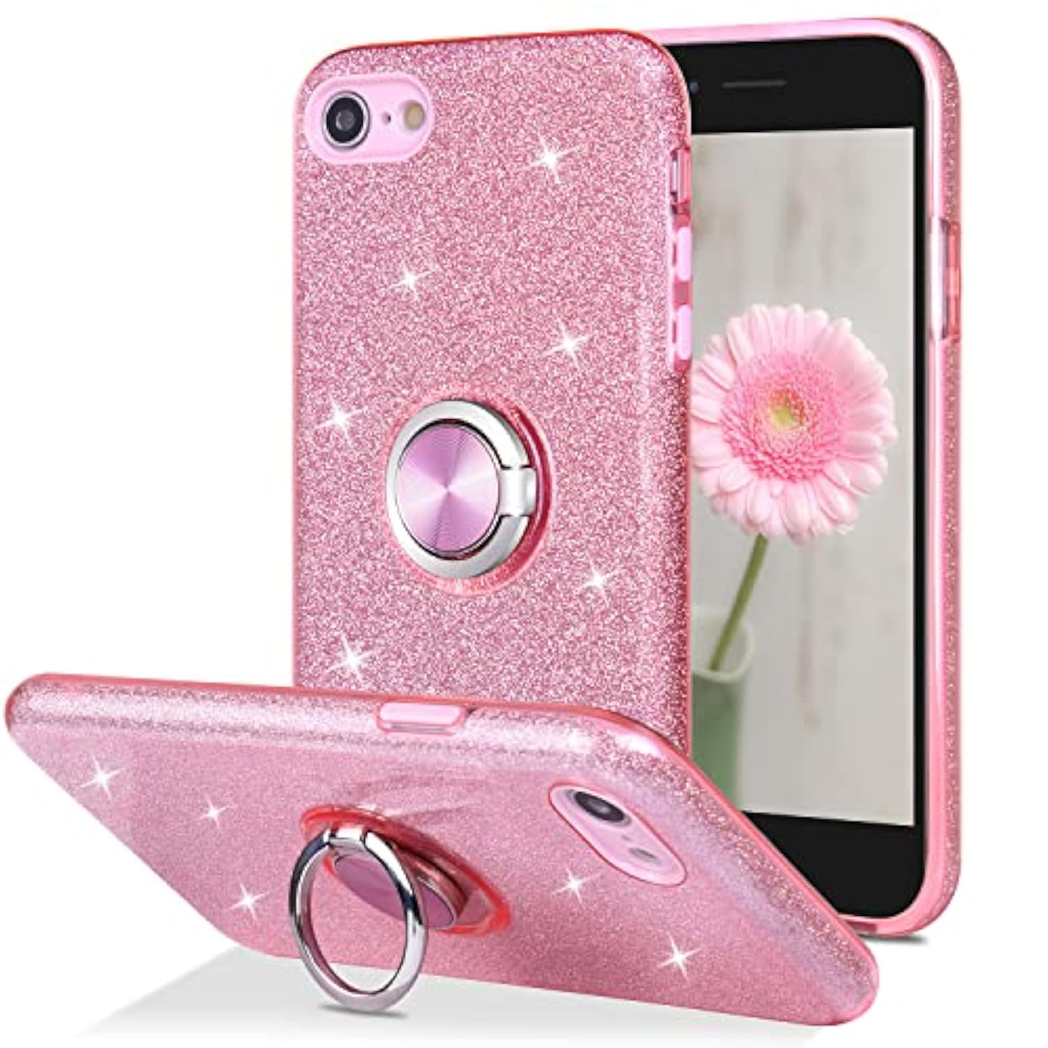 Case For Iphone Se 2022/2020, For Iphone 8, For Iphone 7, Cute Glitter Bling Sparkly Case With Ring Stand, Women Girls Protective Phone Case Cover For Iphone Se 3Rd Gen /2Nd Gen/8/7 - Pink