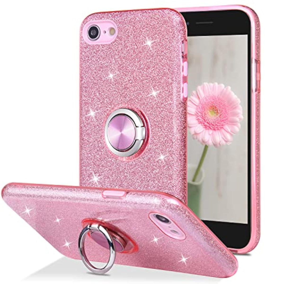Case For Iphone Se 2022/2020, For Iphone 8, For Iphone 7, Cute Glitter Bling Sparkly Case With Ring Stand, Women Girls Protective Phone Case Cover For Iphone Se 3Rd Gen /2Nd Gen/8/7 - Pink