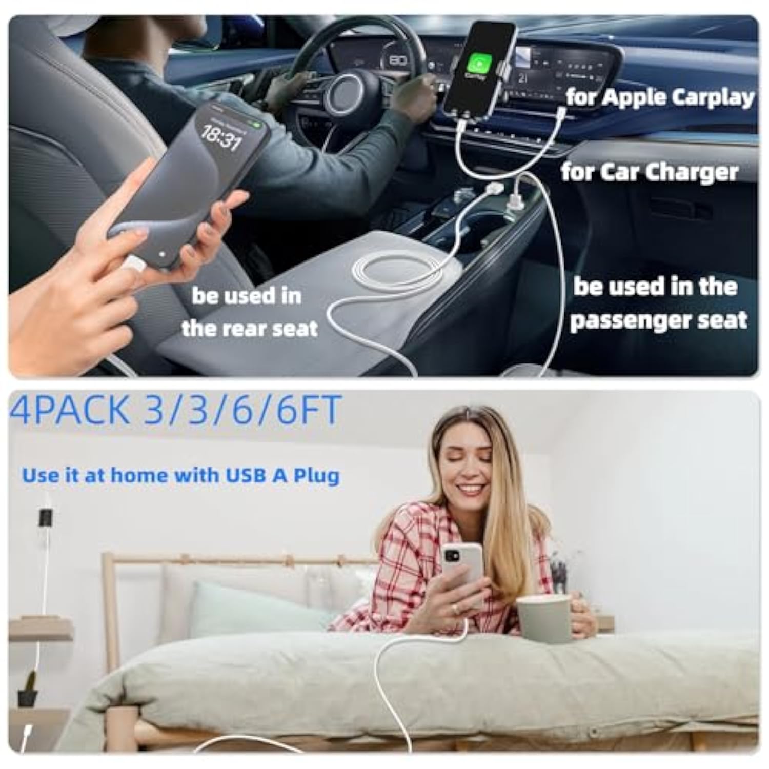 Car Carplay Cable For Iphone 16 15 Pro/Pro Max/Plus,3Ft+6Ft Usb A To Usb C Fast Charging Cord For Iphone 16 15 Samsung Galaxy S25 S24 Ultra Charger,Car Charger Adapter Accessories For Women Men