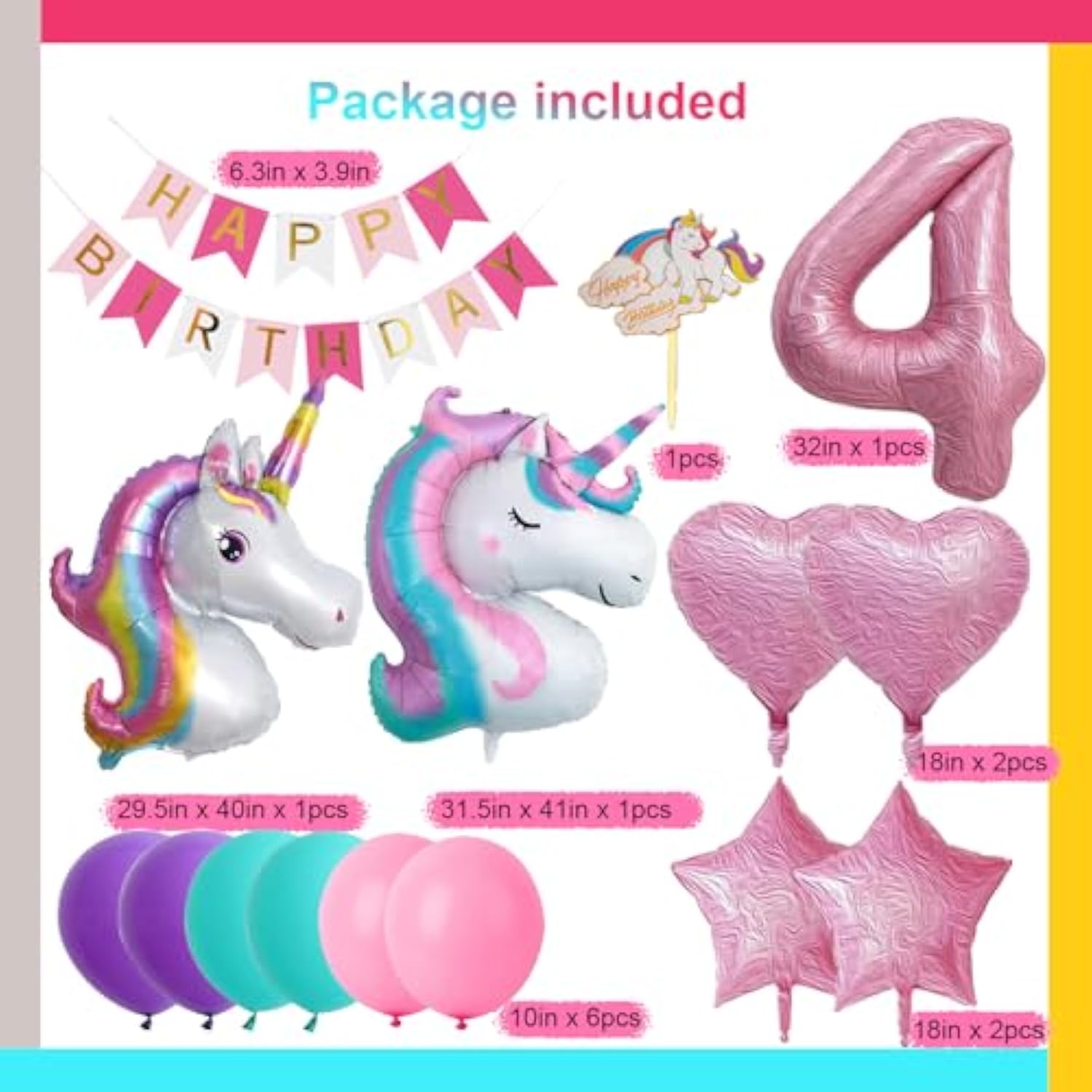 4th Unicorn Birthday Decorations for Girls Banner Cake Topper Unicorn Balloons