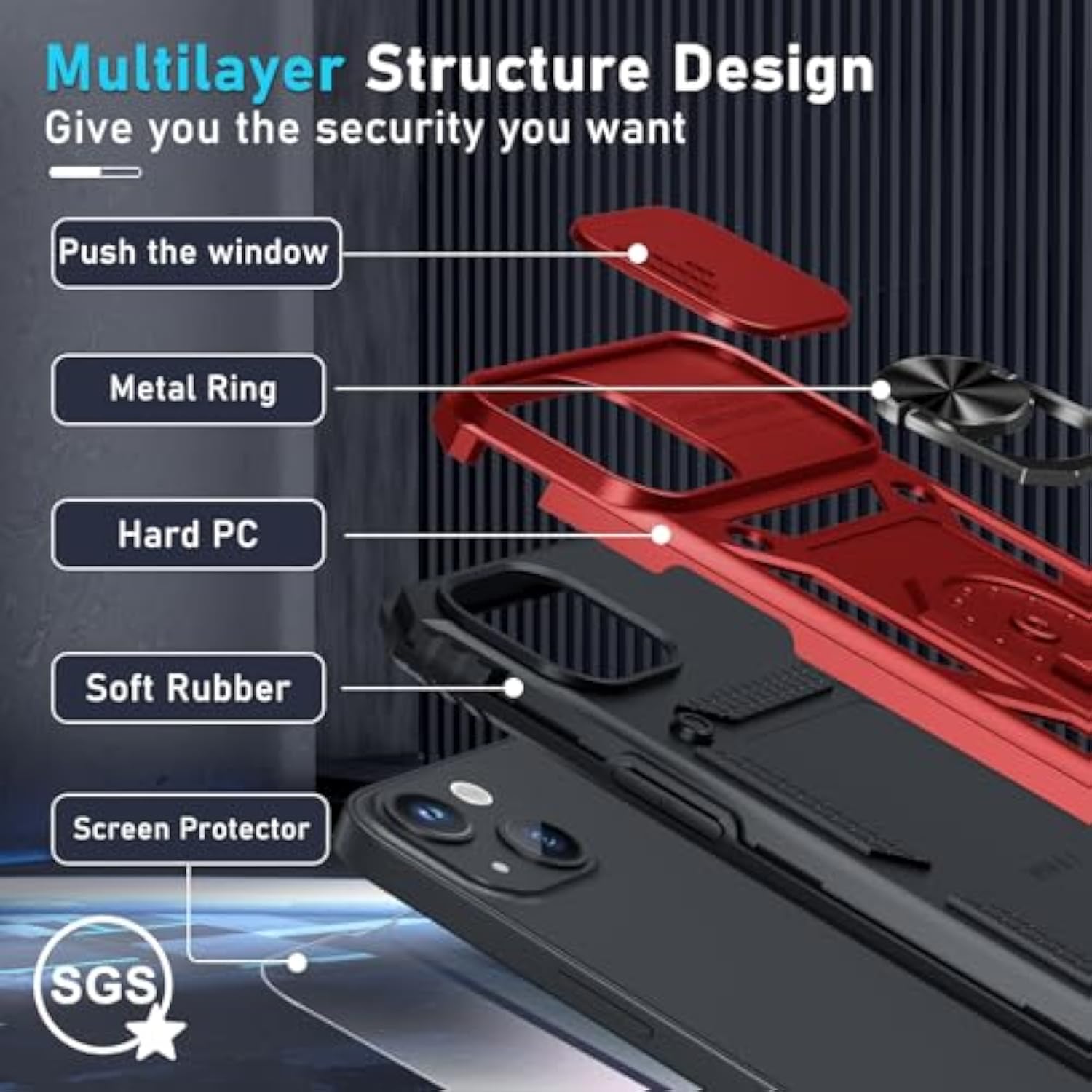 Case For Iphone 12 & 12 Pro Phone Cover Built In Slide Camera Lens Cover+Screen Protector,Heavy Duty Shockproof Full Body Phonecase With Finger Ring Holder Kickstand,Red