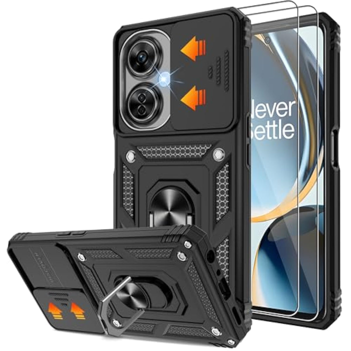 Fit For Oneplus Nord N30 5G Case With Slide Camera Cover & Screen Protector (2 Pack), Build In 360° Rotating Ring Kickstand [Military Grade] Protective Case For Nord N30 5G Case, Black
