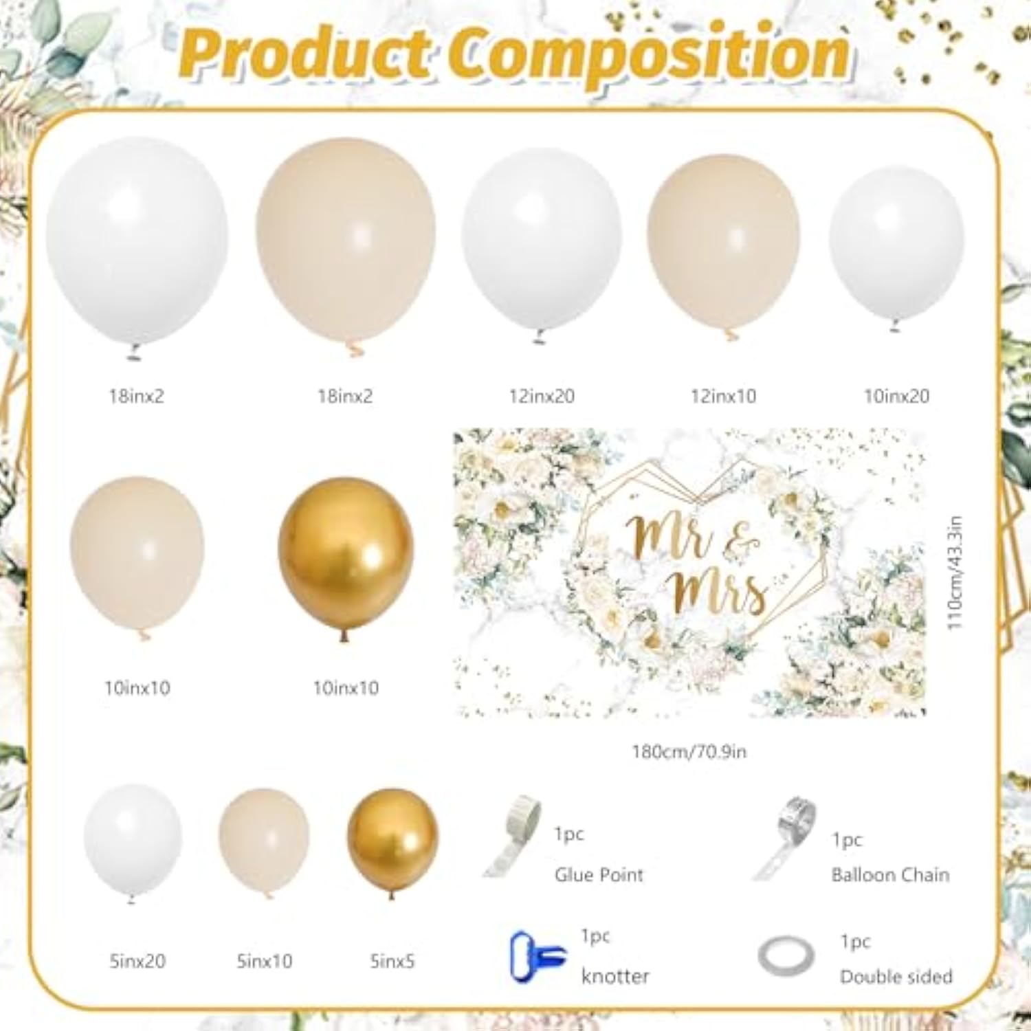 113Pcs White Floral Wedding Balloons Arch Kit, Mr And Mrs Banner Backdrop, Flowers Hearts Geometric Bride To Be Party Decorations, Engagement White And Gold Balloons Garland Party Decor