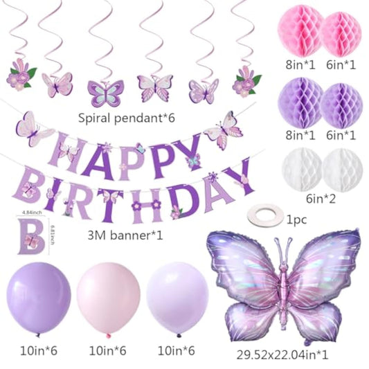 Purple Pink Birthday Party Decorations - Happy Birthday Banner, Spiral Pendant, Honeycomb Ball With Big Butterfly Foil Balloon