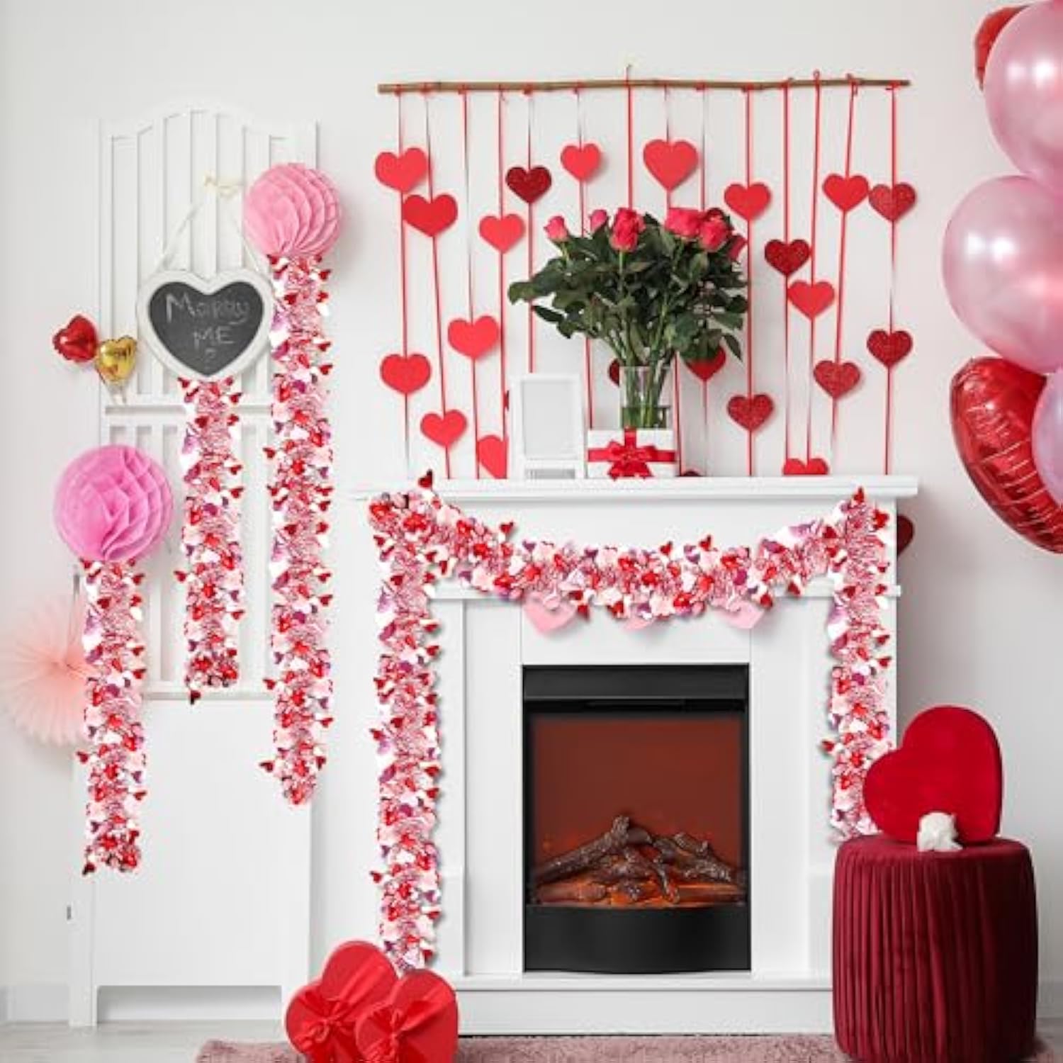 49.2Ft Valentine’S Day Heart Tinsel Garland Pink Red White Metallic Twist Garland Shining Ceiling Hanging Decorations For Valentine’S Day Party Anniversary Birthday Holiday Indoor Supplies