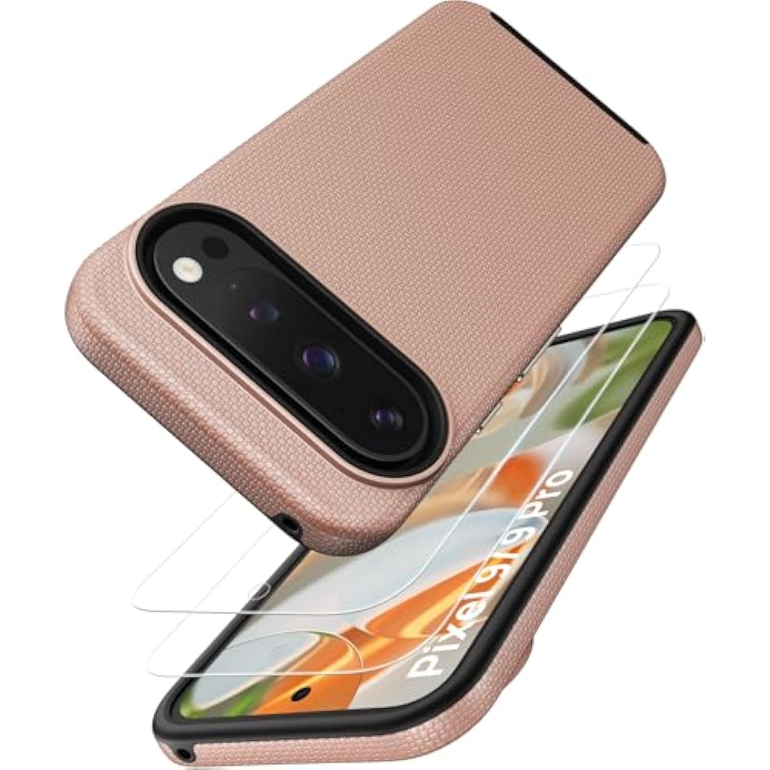 Pixel 9/9 Pro Case, 2X Screen Protectors, Shockproof, Double Layer, Rose Gold