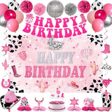 Disco Cowgirl Birthday Decorations - Disco Cowgirl Birthday Backdrop, Banner, Swirls, Honeycomb, Paper Pom Poms And Balloons For Cowgirl Theme Party Supplies