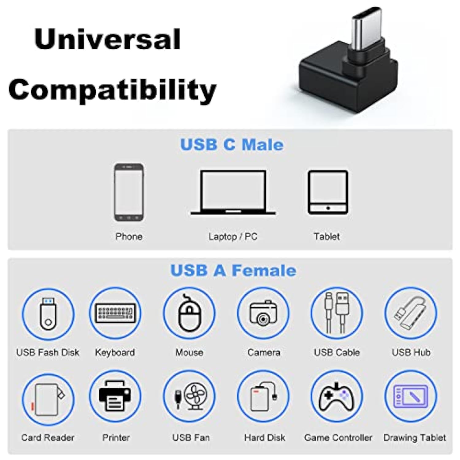 2 Pack 90 Degree Usb C To Usb Adapter, Up And Down Angle Usb C Male To Usb 3.0