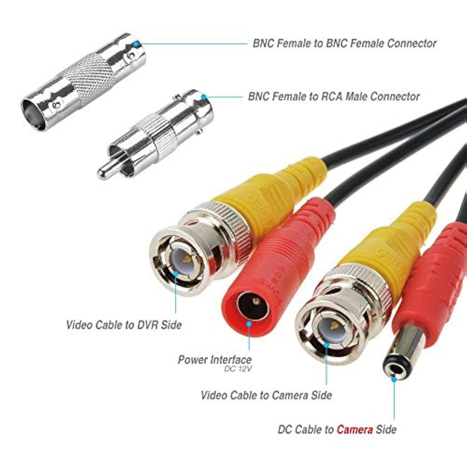 100Ft 30M Bnc Cable Security Camera Wire Cord With Bnc Connectors And Rca Adapters Video Power Cable For Cctv Camera Surveillance Kit And Security Camera System,Black