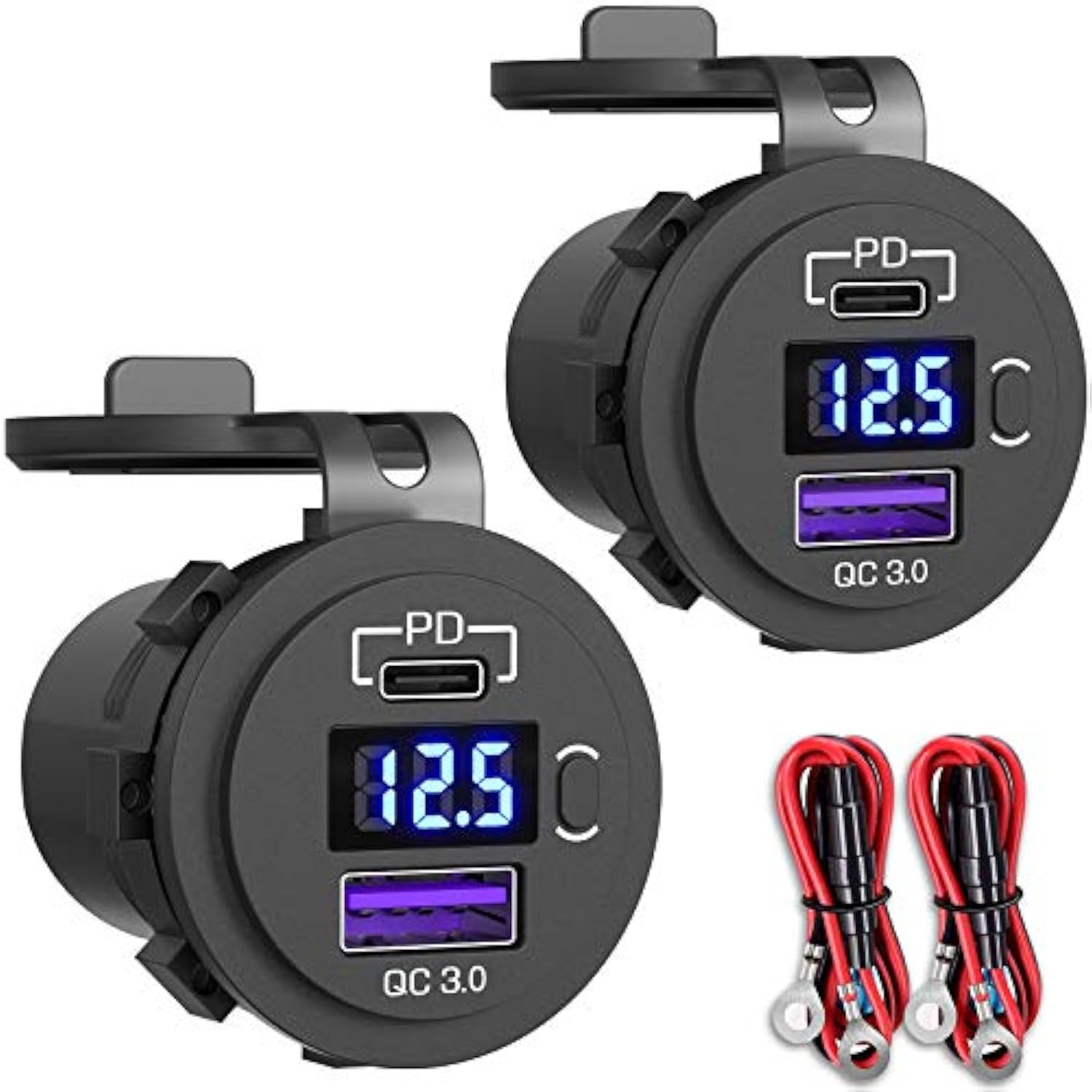 2 Pack Pd3.0 20W And Qc3.0 18W Usb C Car Charger With Led Voltmeter And On/Off Switch For Boat, Rv, Truck, Golf Cart, Motorcycle