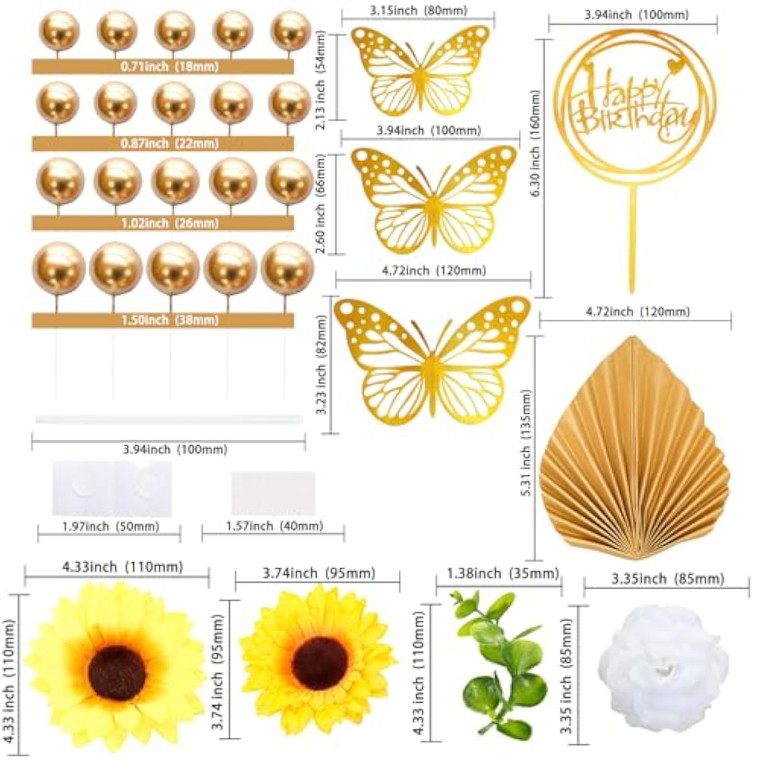 54Pcs Artificial Sunflower Cake Decorations Acrylic Happy Birthday Cake Topper Butterfly Balloon Cake Toppers For Diy Wedding Birthday Valentine'S Day Party Supplies Yellow