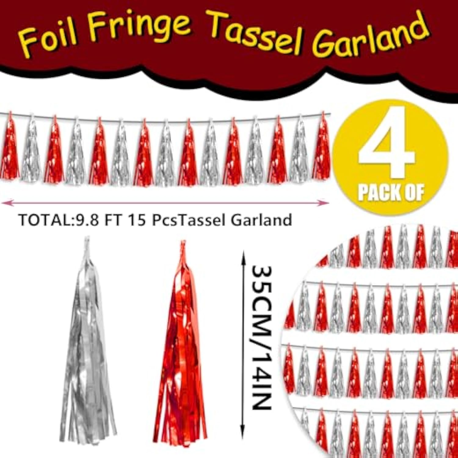 4pcs Red Silver Foil Tassel Garland Metallic Streamers for Party Decor