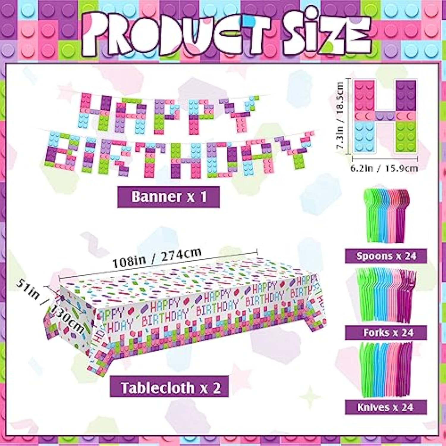171pcs Building Block Party Supplies Tableware Set for 24 Guests, Sweet Colors