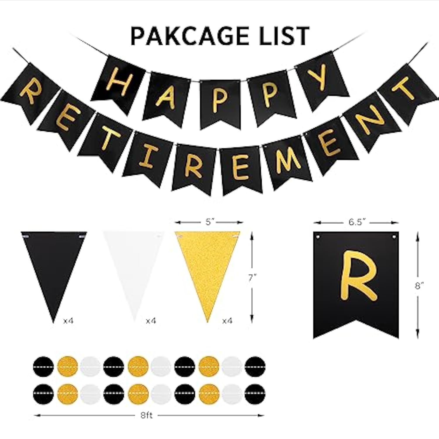 Happy Retirement Banner Pre-Assembled Black & Gold Glitter Party Decorations Kit