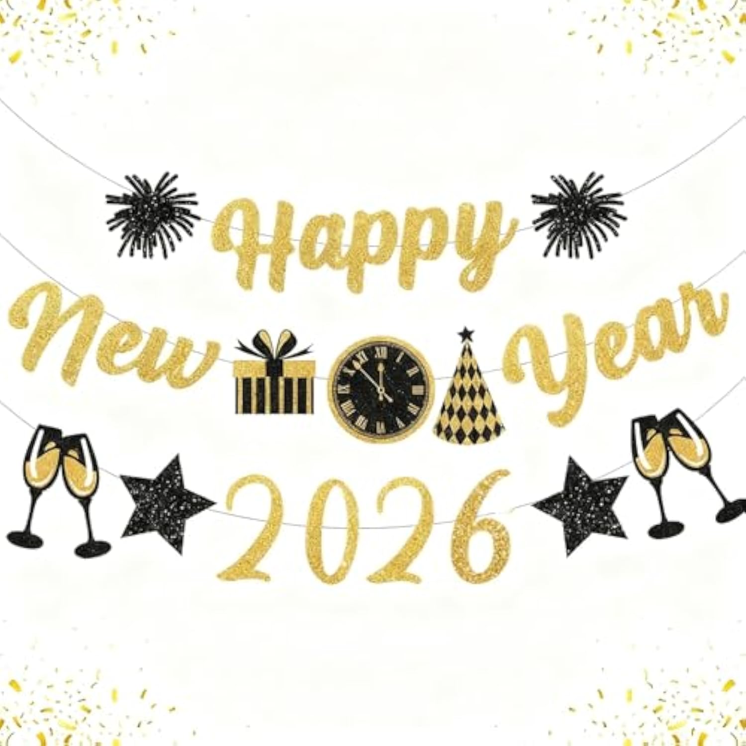 Gold & Black Glitter New Year Banner 2026 Party Decorations