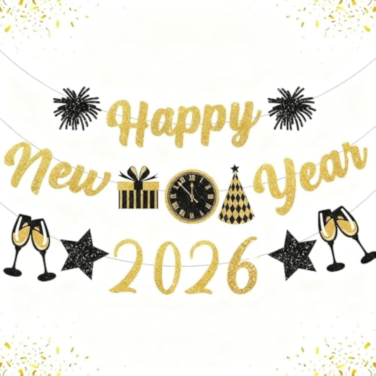 Gold & Black Glitter New Year Banner 2026 Party Decorations