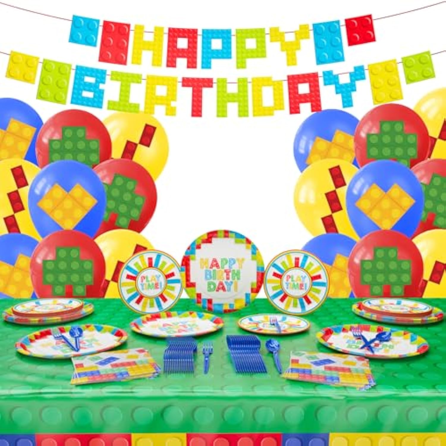 Building Block Deluxe Party Supplies Pack (137 Pieces For 16 Guests) - Gamer Birthday Decorations, Gamer Party Supplies , Blocks Party Decor, Brick Birthday,