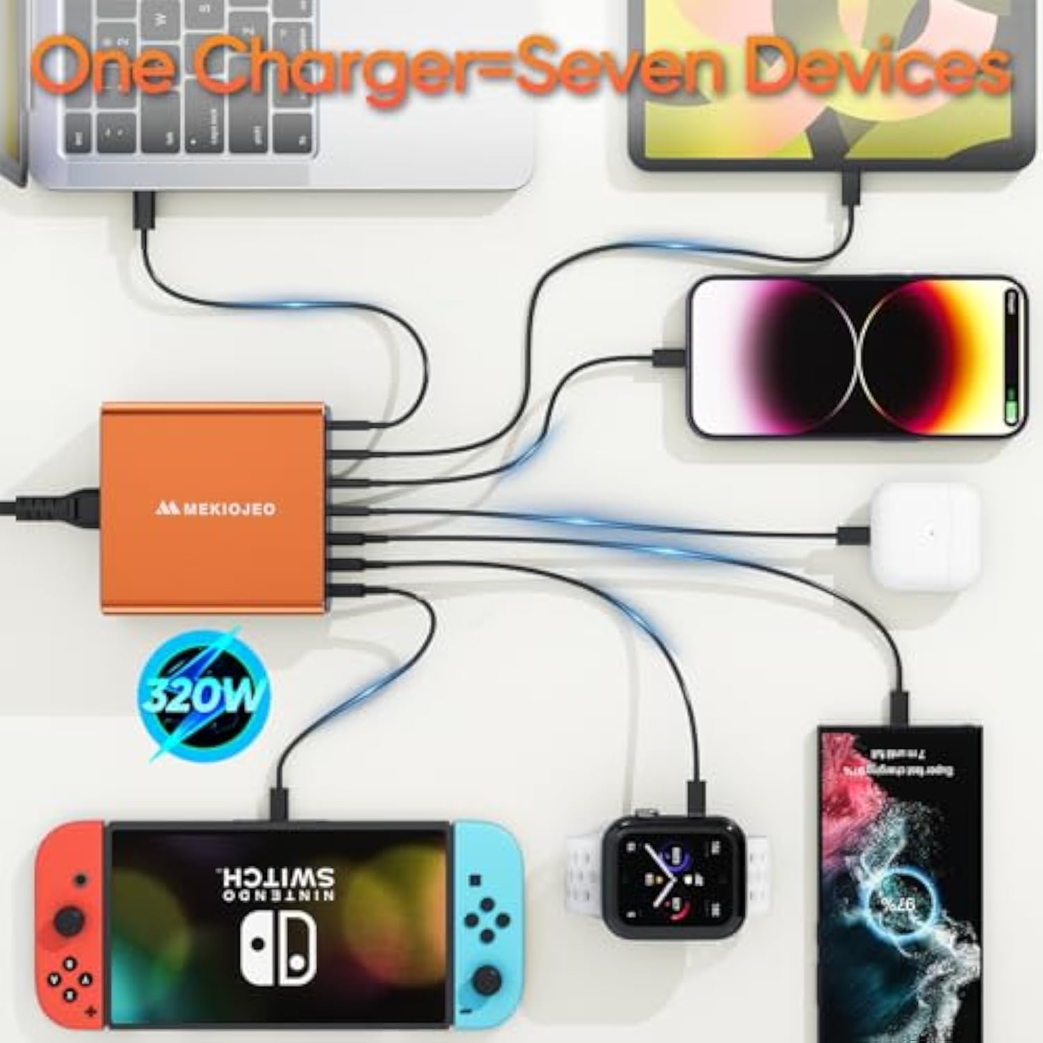 Aluminum Alloy Usb C Charger Gan Charger Fast Usb C Charging Station 7 Ports 65W Laptop For Macbook Pro/Air/Ipad Pro/Iphone (Orange-4C3A)