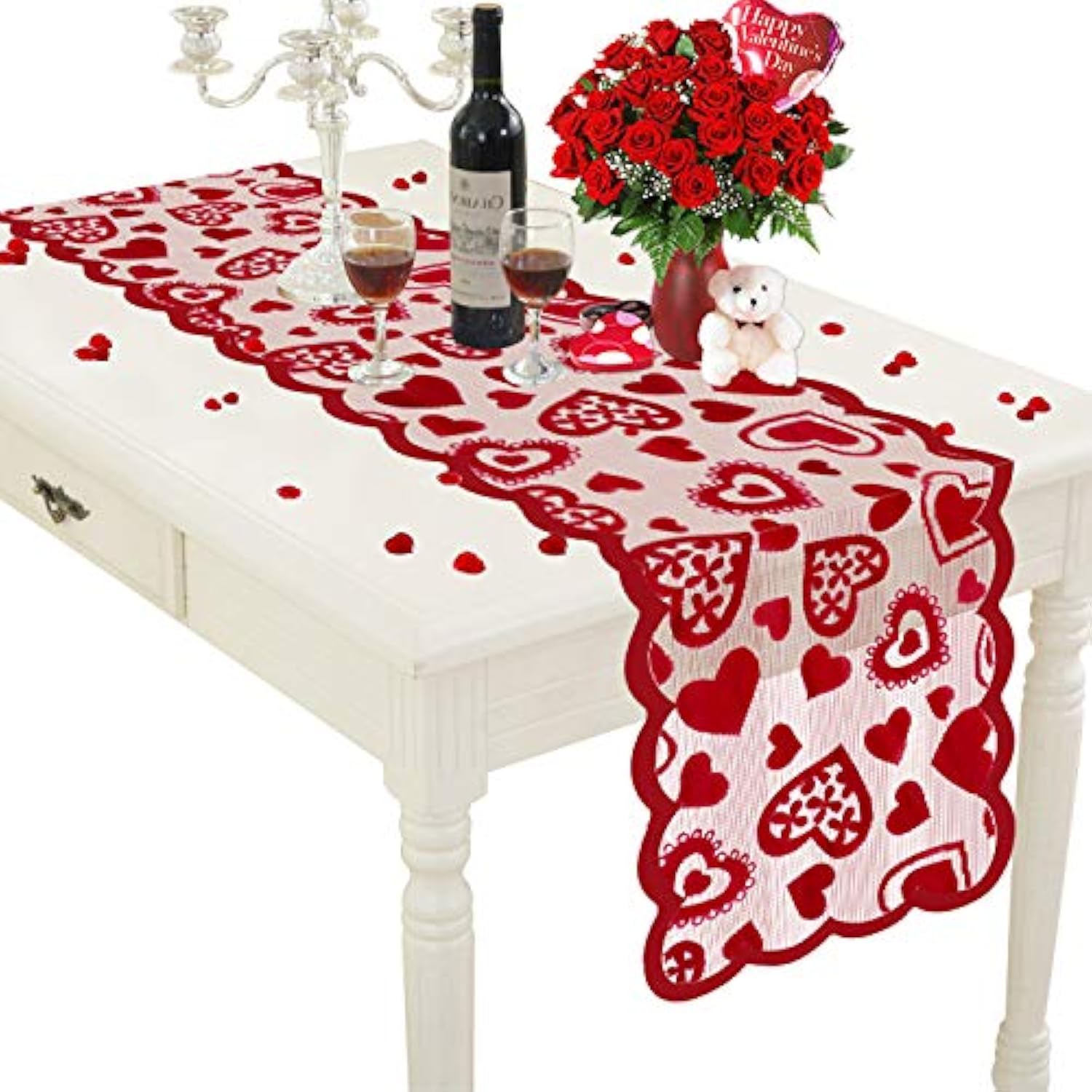 Valentines Day Decor Table Runner - 13 X 72 Inch Red Lace Table Runner For Wedding Party, Valentines Decorations - Valentines Day Decor Home Romantic Decorations Heart Shaped Table Runner